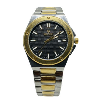 "Swistone" brand watch, a replica model with a two-tone (gold and silver) metallic strap, featuring a black dial with a date display.