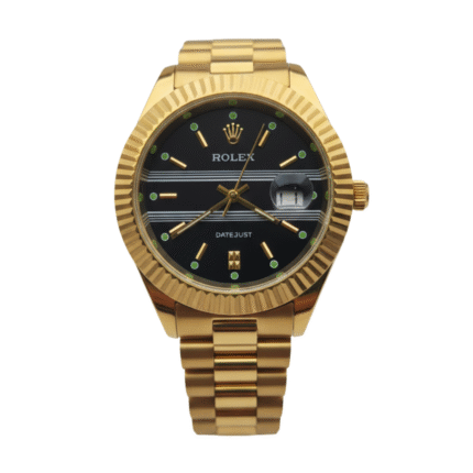 "Rolex bold black dial and radiant gold finish."
